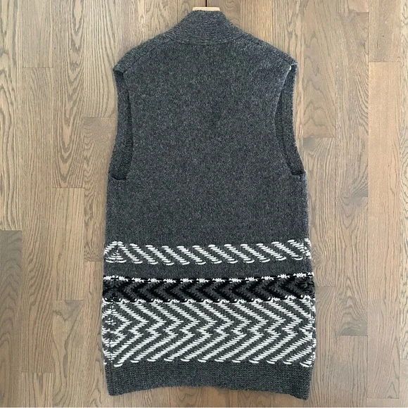White + Warren Alpaca Jacquard Vest Charcoal Multi Longline Open Front Grey S - Picture 6 of 8